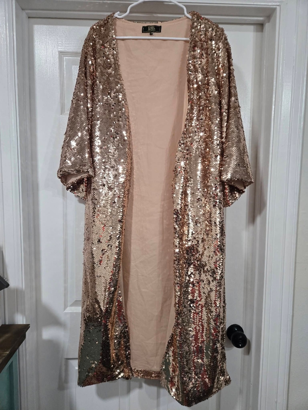 L&B Rose Gold Sequin Open-Front Kimono Coat